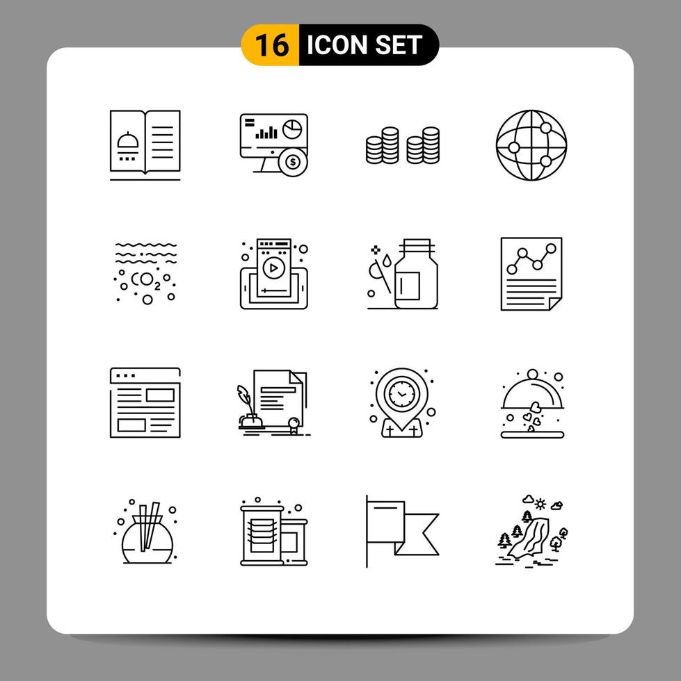 Set of 16 Modern UI Icons Symbols Signs for pollution gas investment internet world Editable Vector Design Elements
