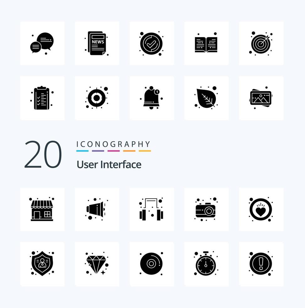 20 User Interface Solid Glyph icon Pack like action heart headset health interface vector