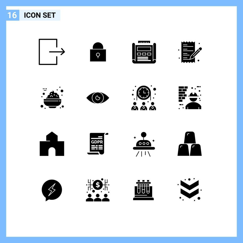 16 Universal Solid Glyphs Set for Web and Mobile Applications porridge bowl development shopping list Editable Vector Design Elements