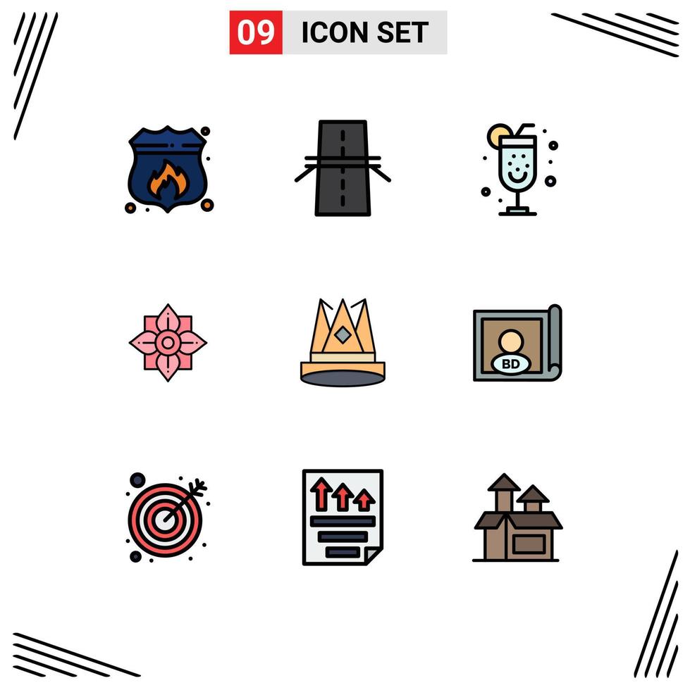 9 User Interface Filledline Flat Color Pack of modern Signs and Symbols of king chinese highway china flower Editable Vector Design Elements