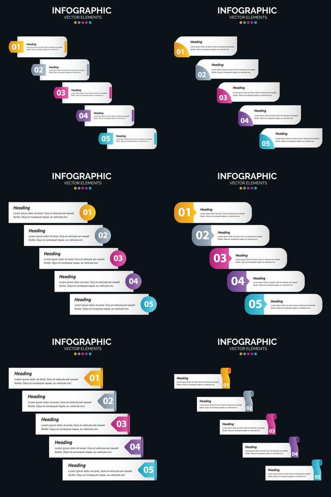 plantilla de diapositiva de presentación del paquete de infografías vectoriales 6 diagramas de ciclo de 5 pasos y líneas de tiempo vector