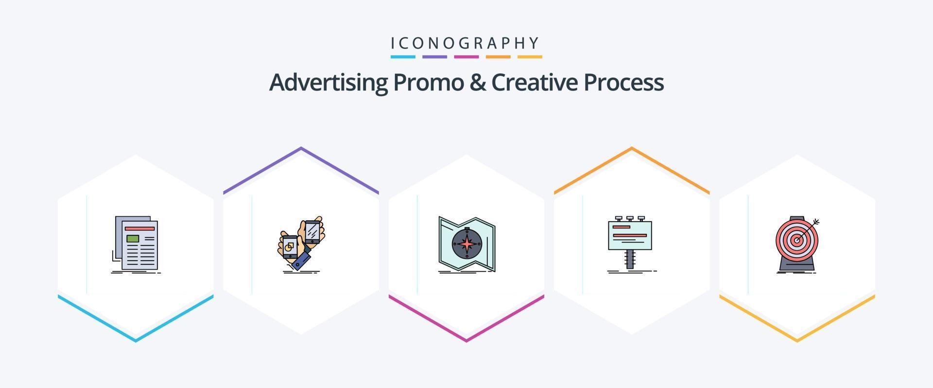 Advertising Promo And Creative Process 25 FilledLine icon pack including advertising. ad. placement. navigation. map vector