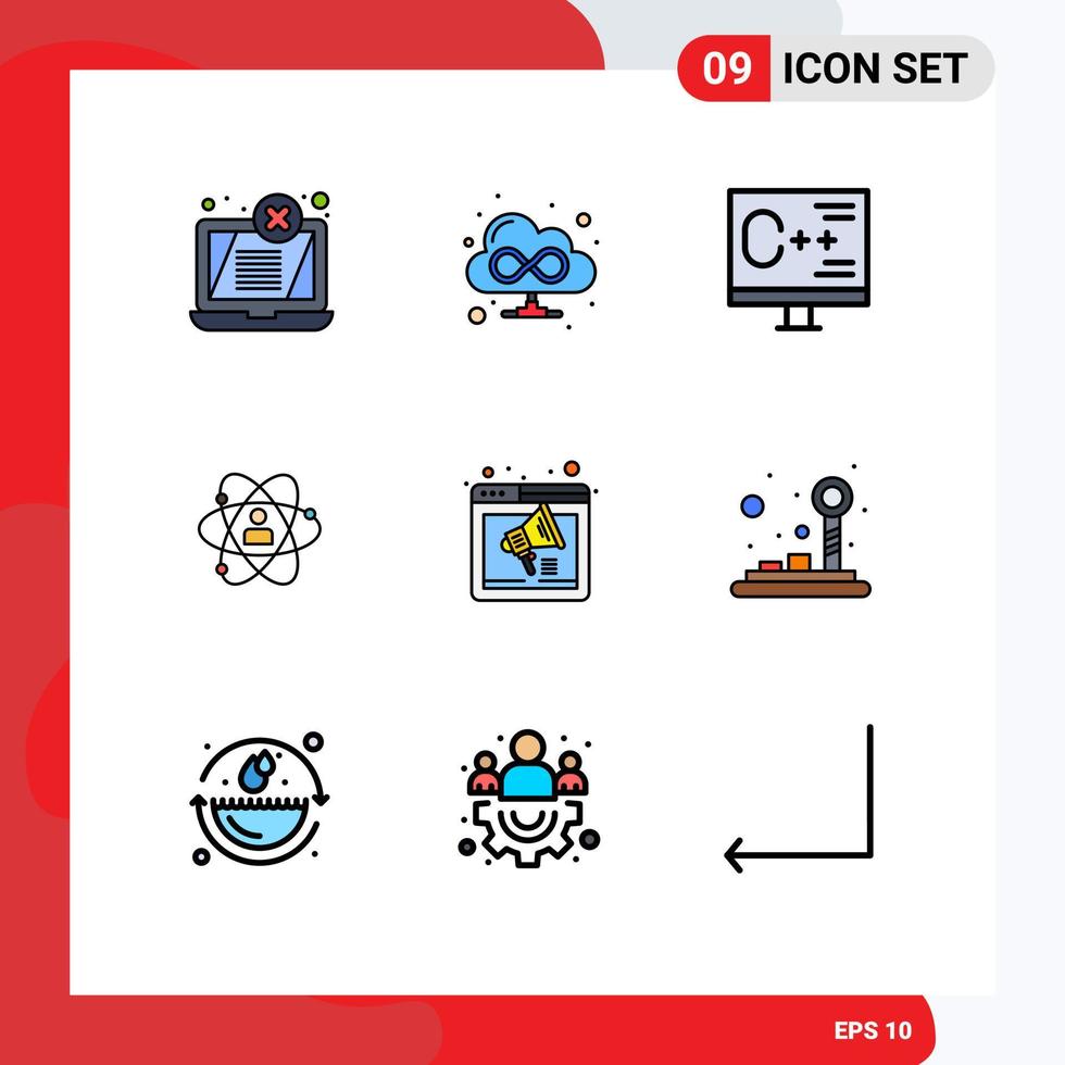 conjunto de pictogramas de 9 colores planos de línea de llenado simple de elementos de diseño de vector editables de desarrollo humano de computadora de persona de poder