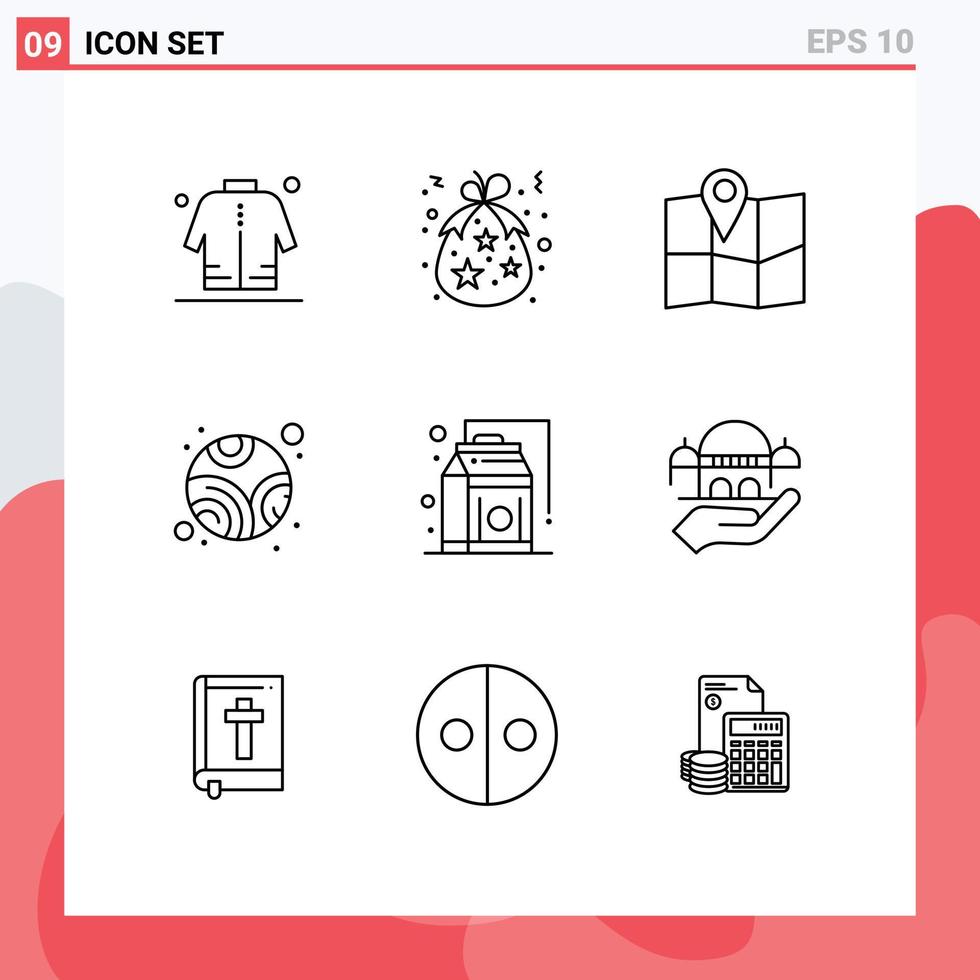 Pictogram Set of 9 Simple Outlines of grocery space gift planet pin Editable Vector Design Elements