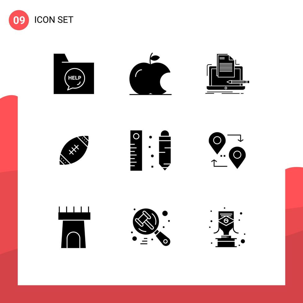 Pack of 9 creative Solid Glyphs of rugby football coder ball paper Editable Vector Design Elements