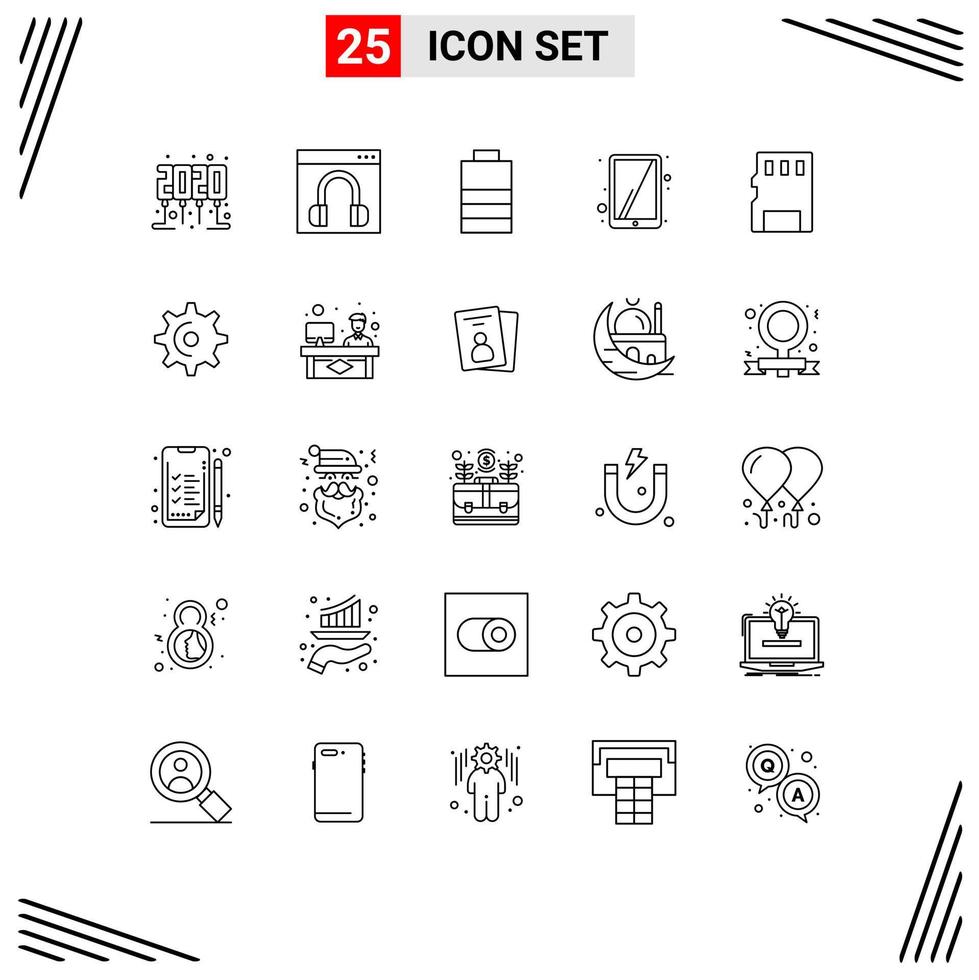 User Interface Pack of 25 Basic Lines of sd memory battery card tablet Editable Vector Design Elements
