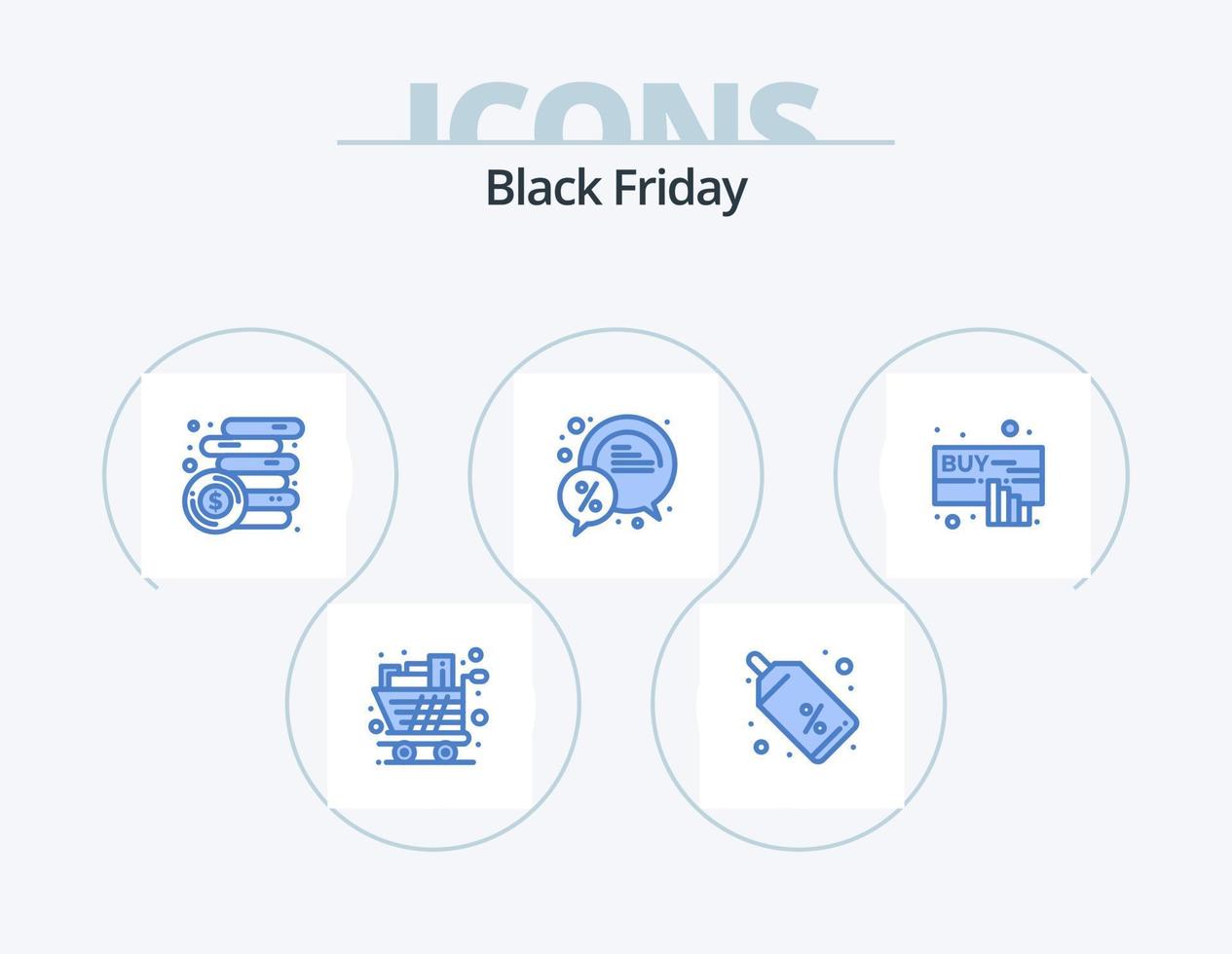 Black Friday Blue Icon Pack 5 diseño de iconos. venta. descuento. etiqueta de precio. chat. monedas vector
