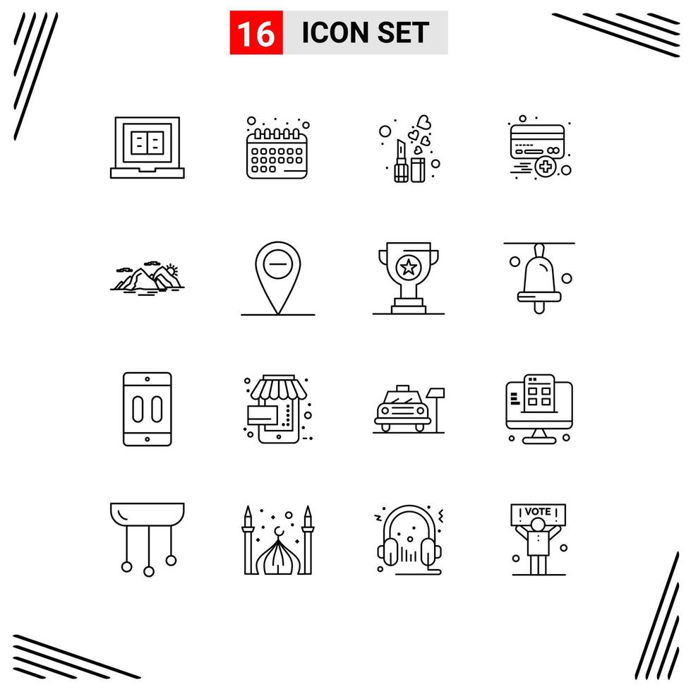 Modern Set of 16 Outlines Pictograph of mountain plus beauty credit add Editable Vector Design Elements