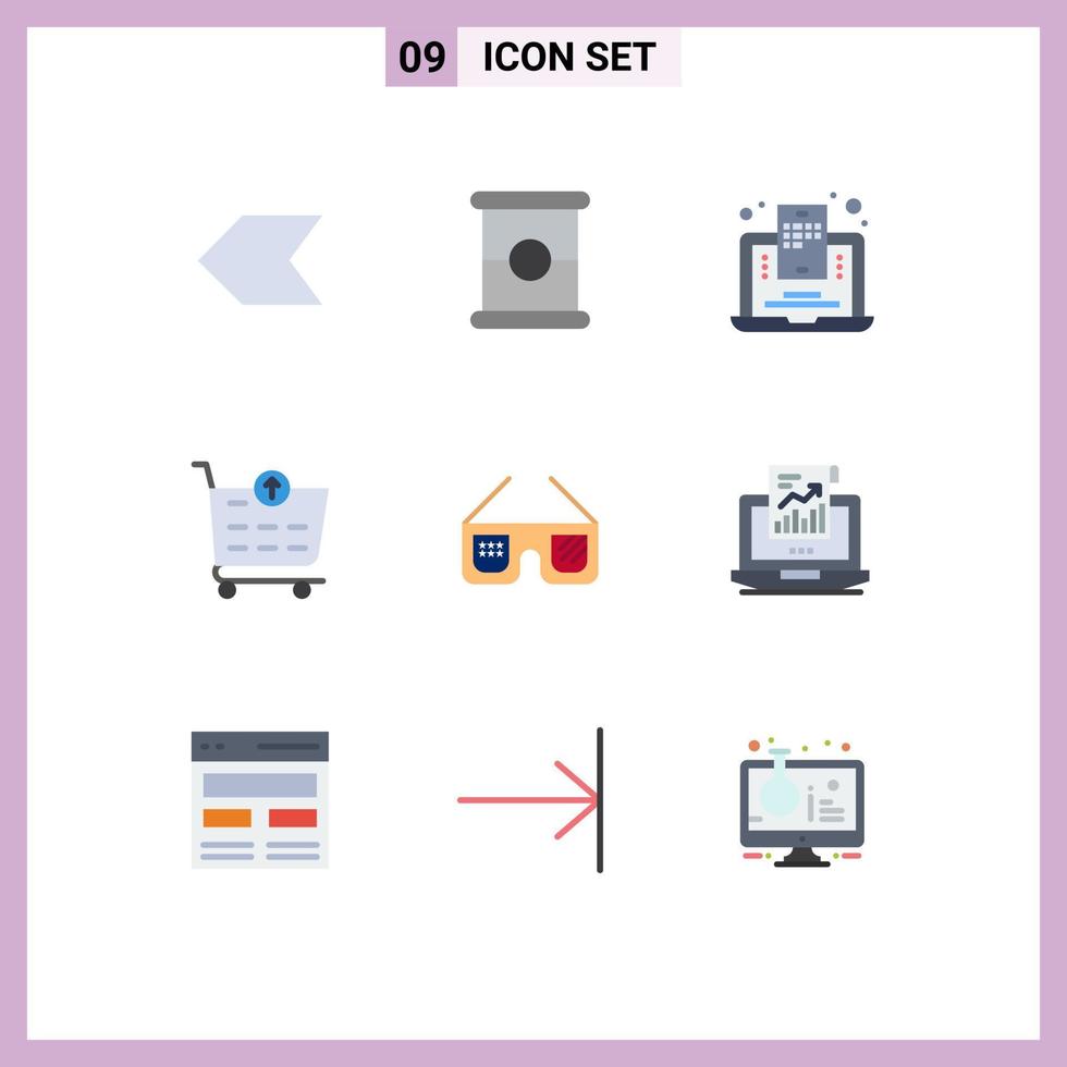paquete de 9 signos y símbolos de colores planos modernos para medios de impresión web, como análisis, gafas de blogs imerican, carrito de compras, elementos de diseño de vectores editables