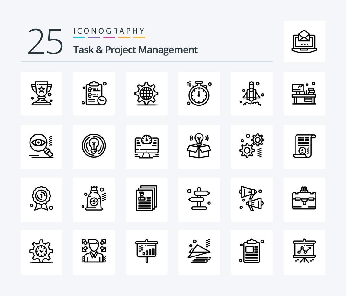 paquete de iconos de 25 líneas de gestión de tareas y proyectos, incluido el norte. Brújula . hora. servidor vector