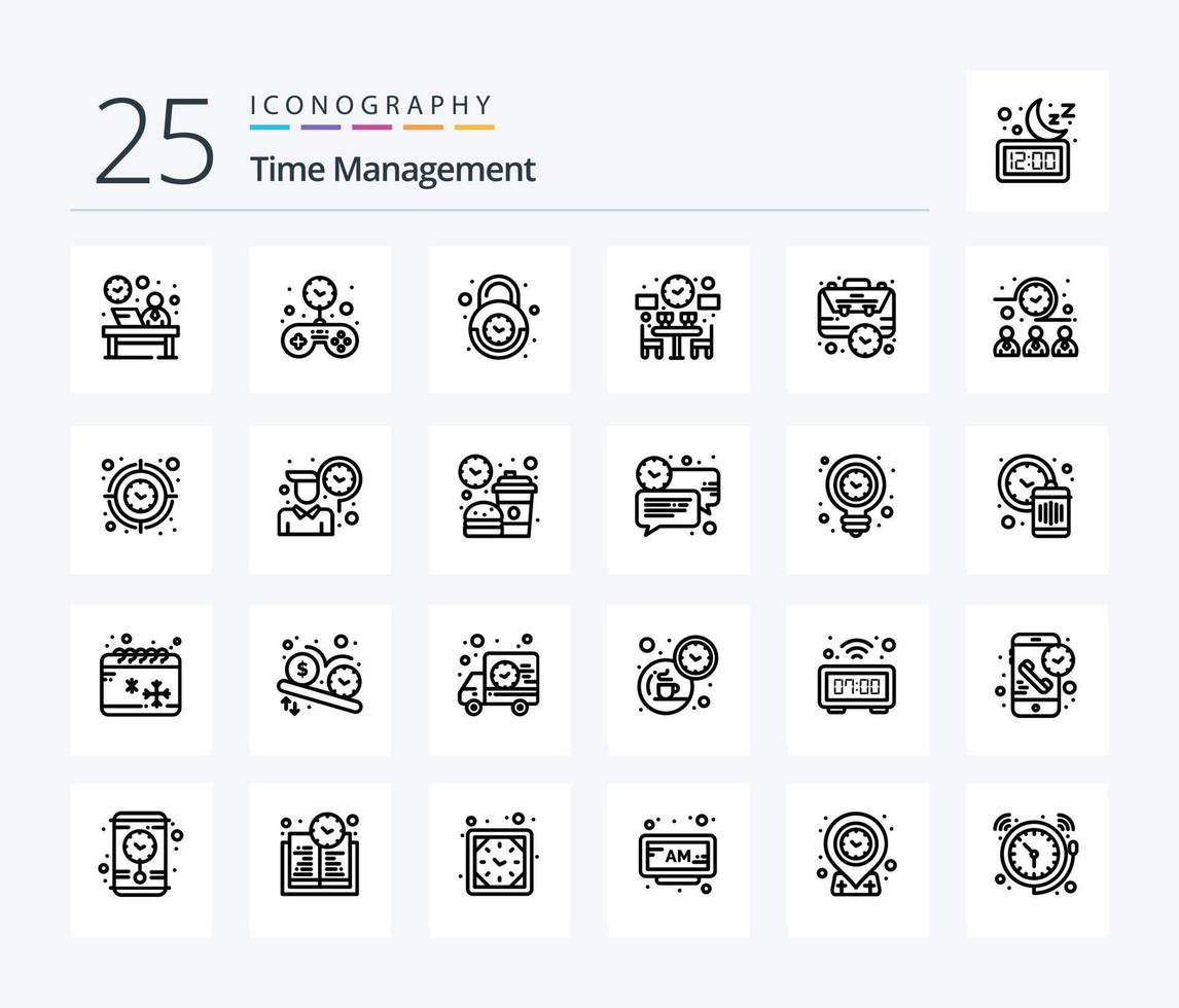 Time Management 25 Line icon pack including time. dinner. time. couple. secure vector
