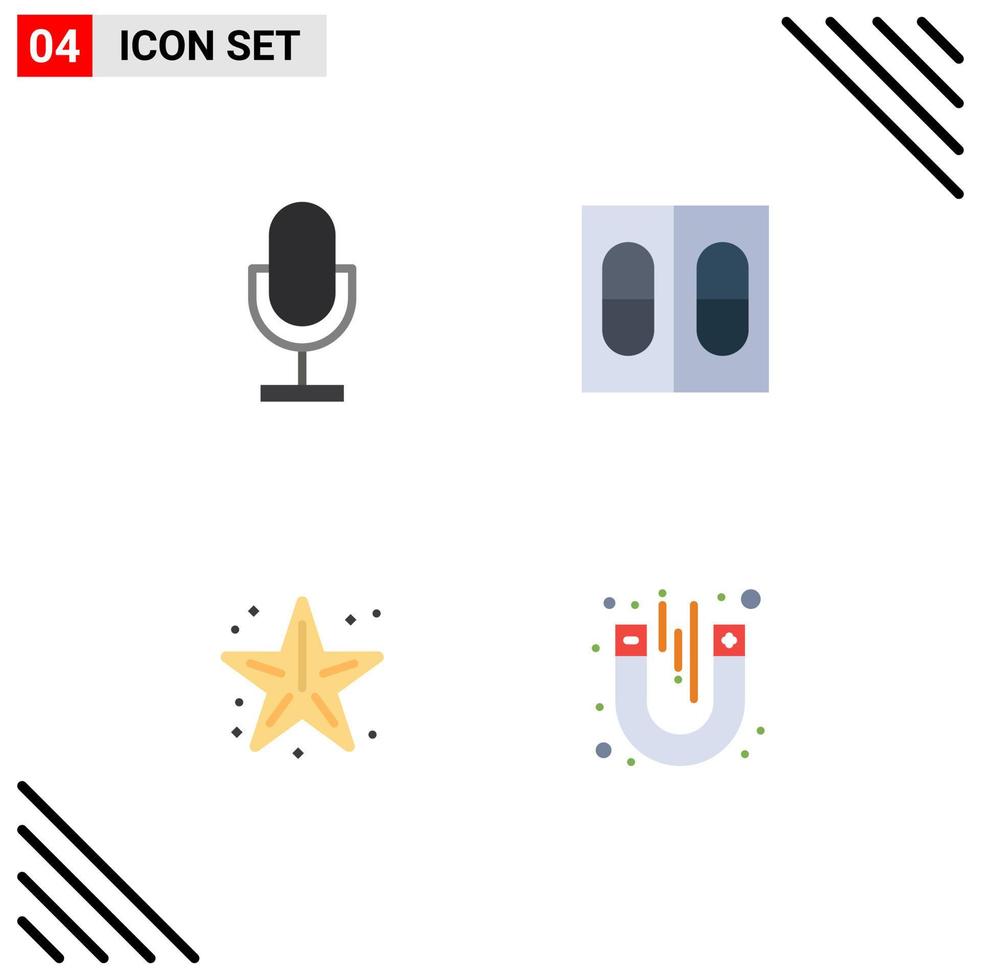 4 iconos planos universales establecidos para aplicaciones web y móviles pastillas de micrófono oceánico de audio estrella elementos de diseño vectorial editables vector