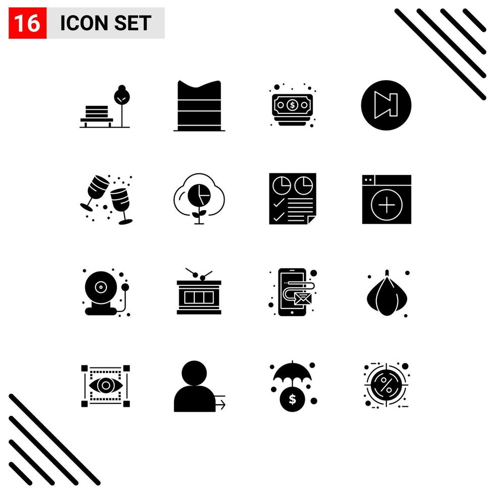 Pack of 16 creative Solid Glyphs of party drink banking birthday multimedia Editable Vector Design Elements