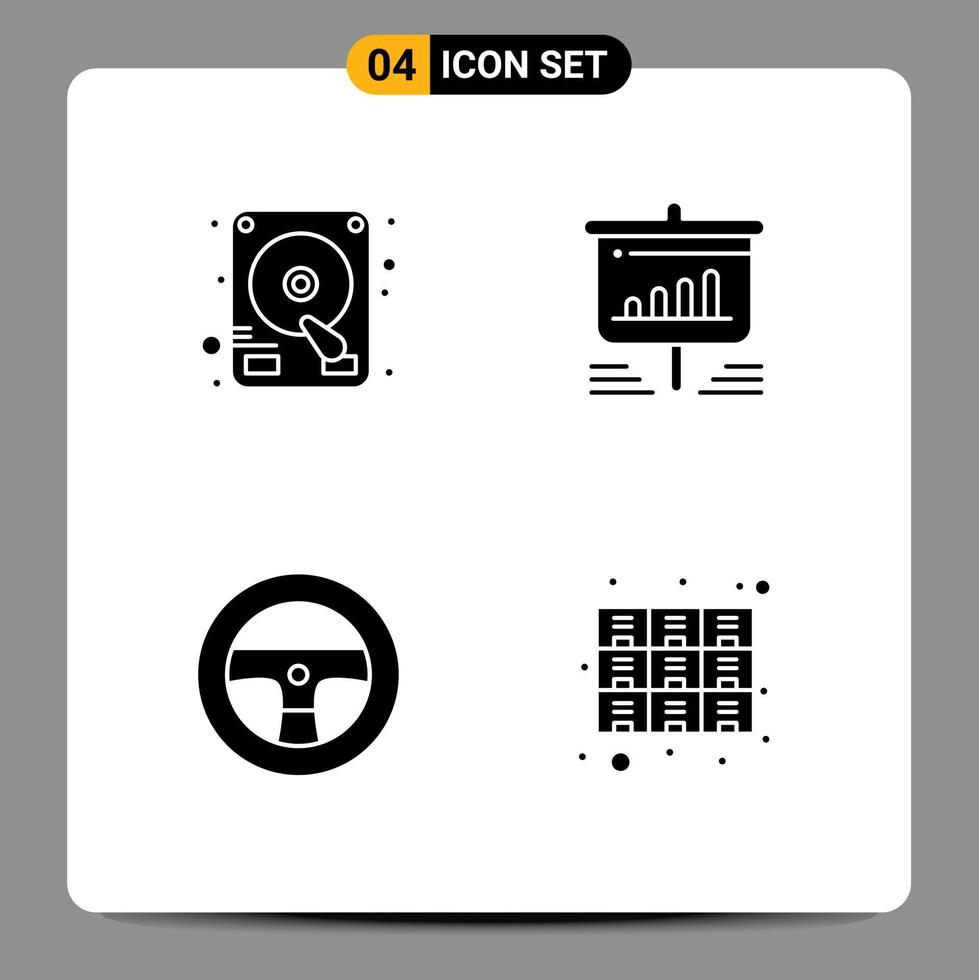 Group of 4 Solid Glyphs Signs and Symbols for disk vehicles presentation analytics cabinet Editable Vector Design Elements