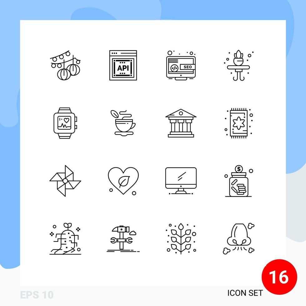 Modern Set of 16 Outlines Pictograph of love handwatch desktop shelf home Editable Vector Design Elements
