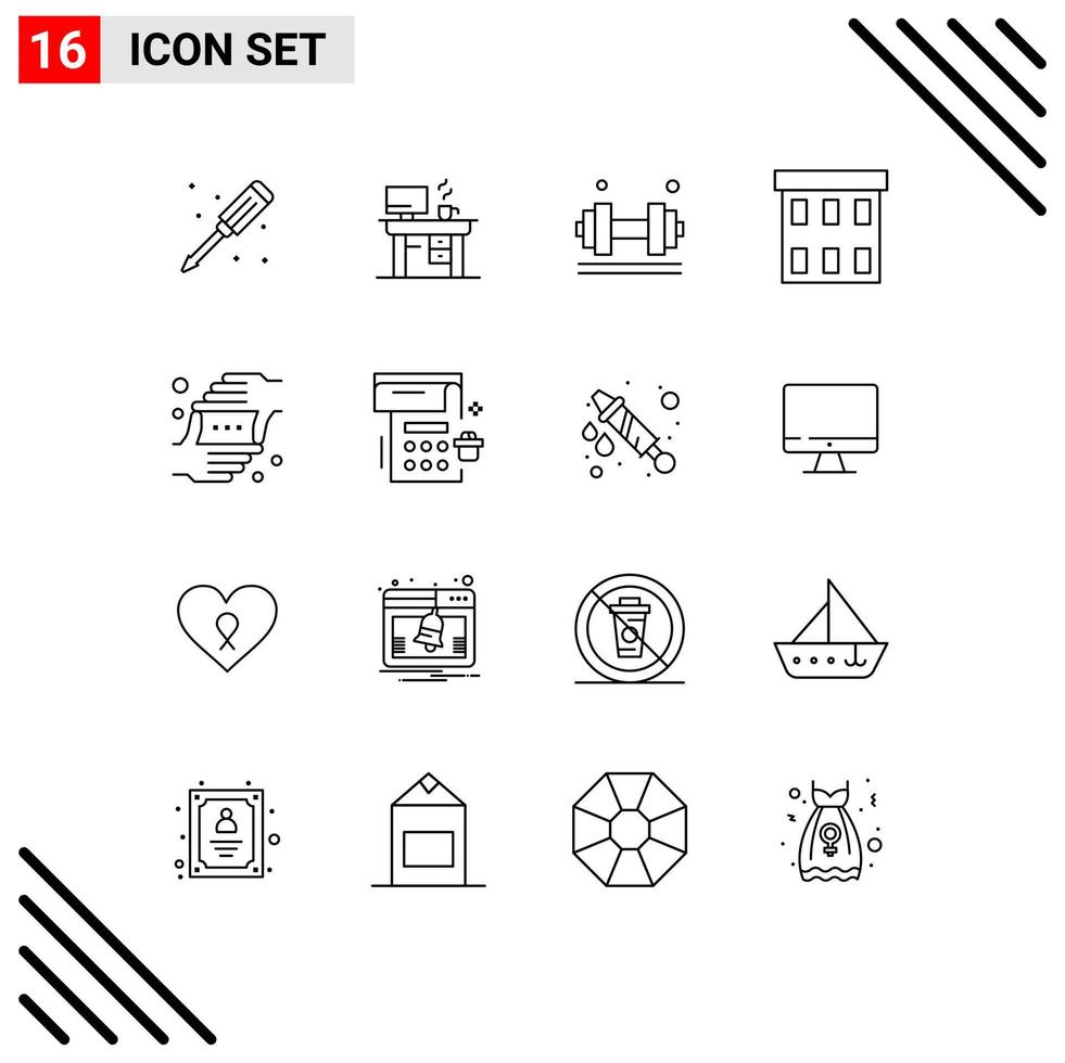 Group of 16 Modern Outlines Set for office business dumbell buildings weight lifter Editable Vector Design Elements