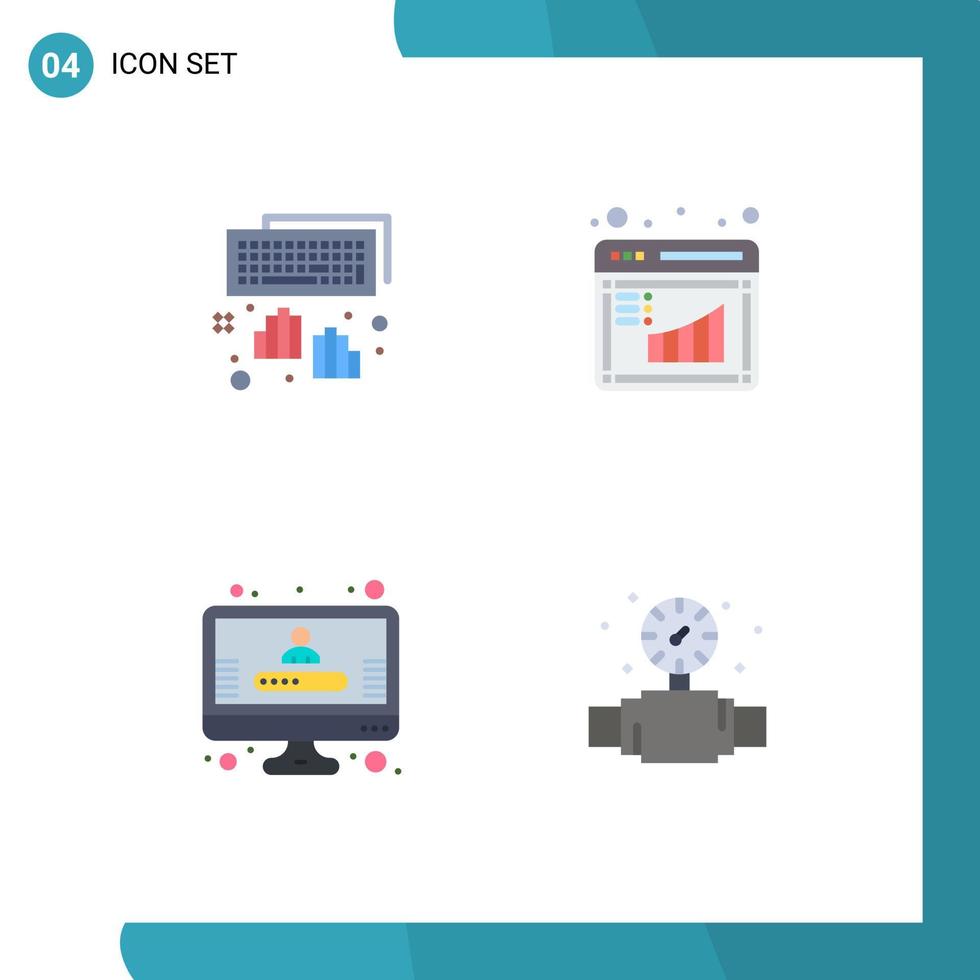 Set of 4 Vector Flat Icons on Grid for hands profile typing graph gauge Editable Vector Design Elements