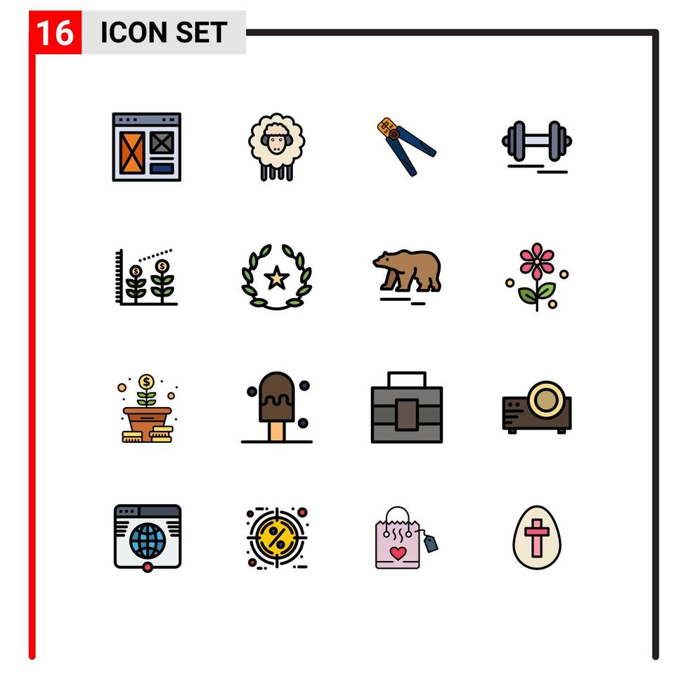 Mobile Interface Flat Color Filled Line Set of 16 Pictograms of sport dumbbell spring work crimping Editable Creative Vector Design Elements