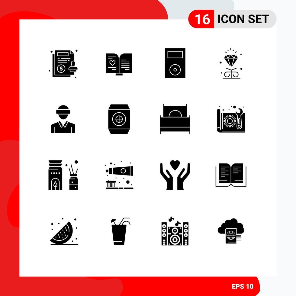 Set of 16 Modern UI Icons Symbols Signs for glasses heart devices love technology Editable Vector Design Elements