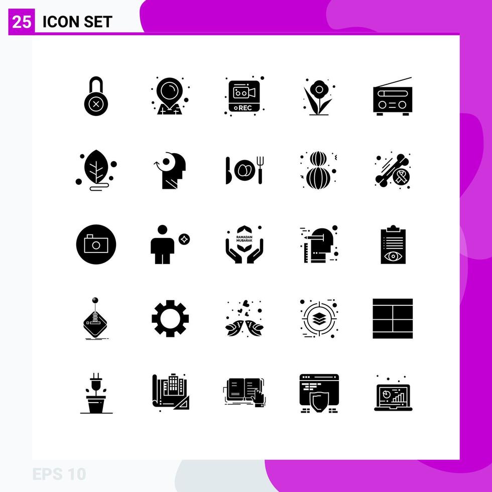 Set of 25 Vector Solid Glyphs on Grid for user interface recording device rose Editable Vector Design Elements