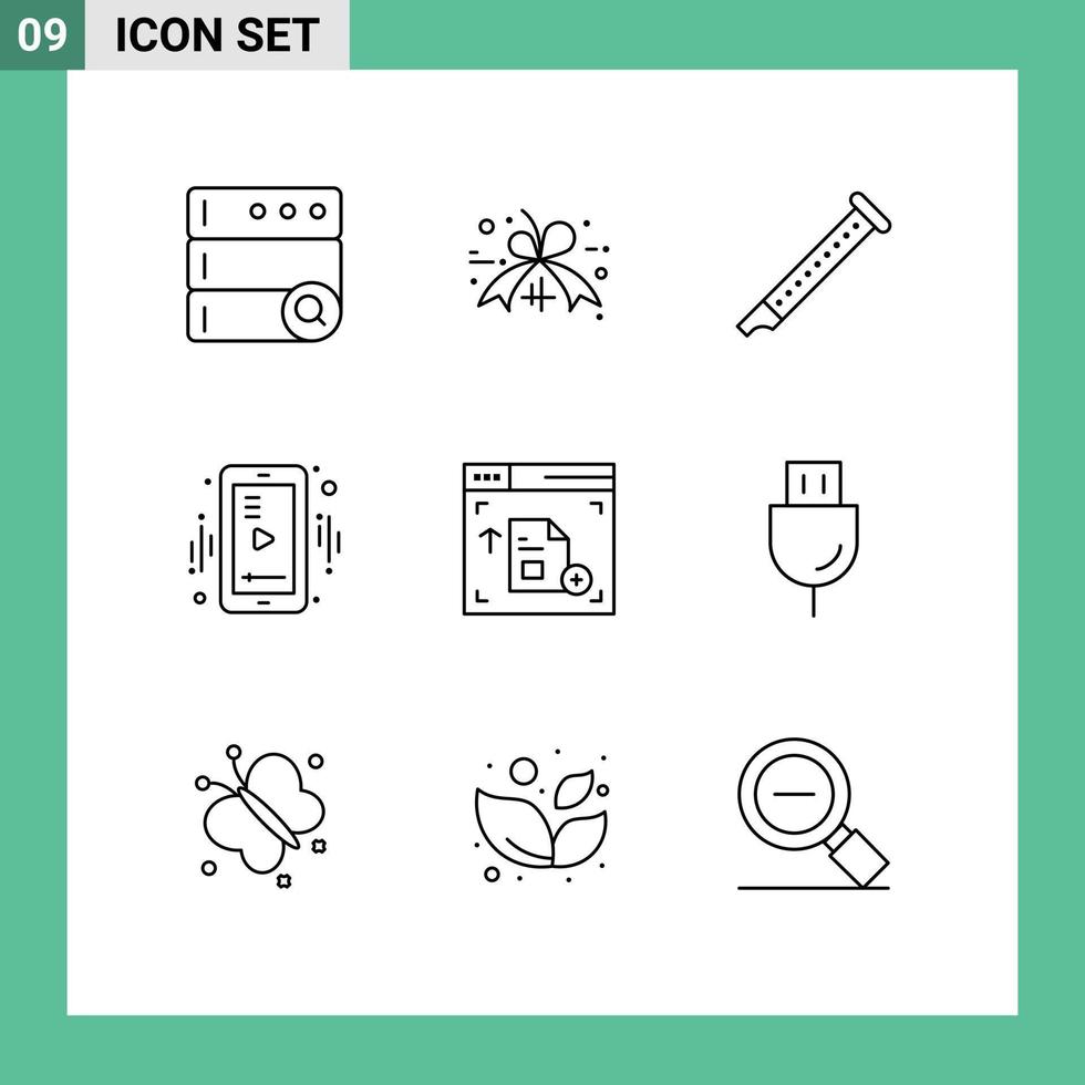 Pack of 9 Modern Outlines Signs and Symbols for Web Print Media such as webpage interface instrument video mobile Editable Vector Design Elements