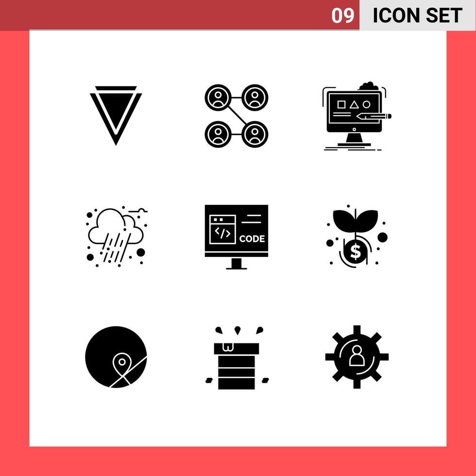 9 Universal Solid Glyphs Set for Web and Mobile Applications coding app computer rain autumn Editable Vector Design Elements