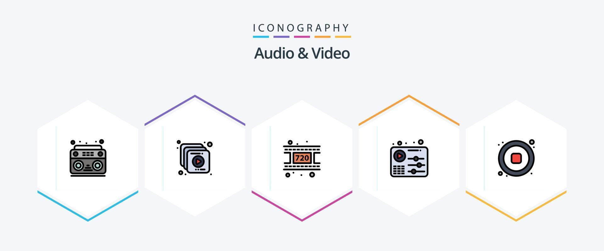 Audio And Video 25 FilledLine icon pack including video. music. reel. audio. music vector