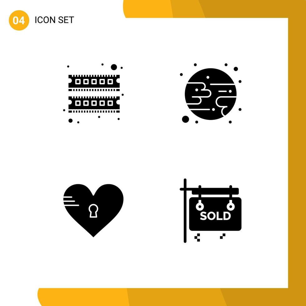 Modern Set of 4 Solid Glyphs Pictograph of computer heart ram moon like Editable Vector Design Elements