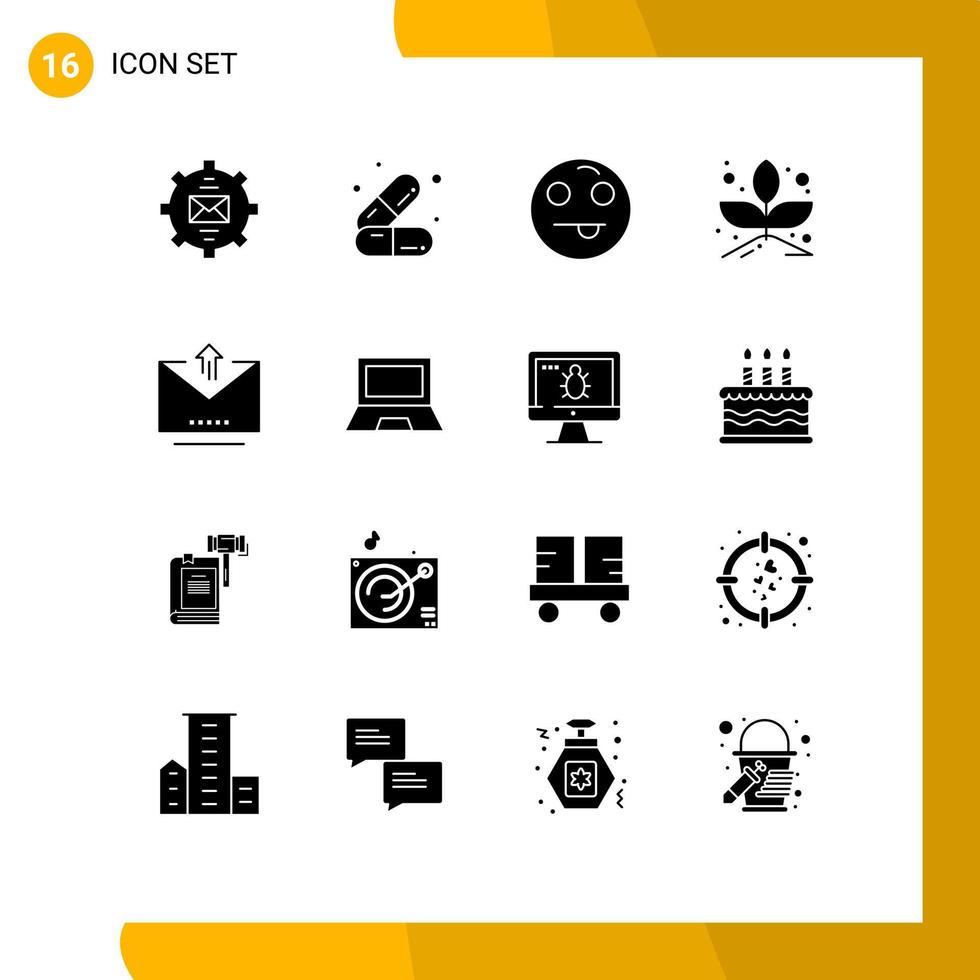 16 Thematic Vector Solid Glyphs and Editable Symbols of pass email medicines sprout grow Editable Vector Design Elements