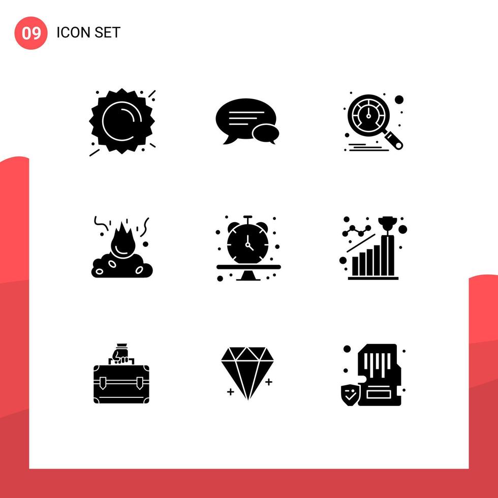 Set of 9 Vector Solid Glyphs on Grid for schedule smoke dashboard pollution fire Editable Vector Design Elements