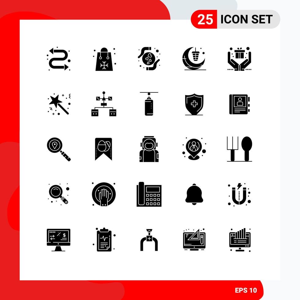 Modern Set of 25 Solid Glyphs Pictograph of gift moon care lamp lantern Editable Vector Design Elements