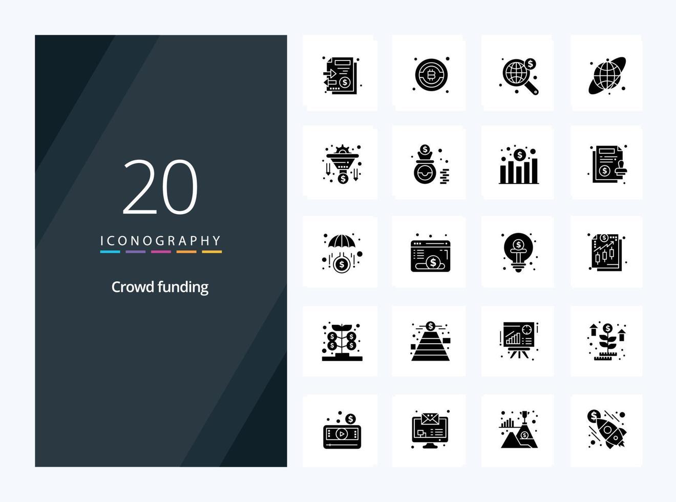 20 icono de glifo sólido de crowdfunding para presentación vector