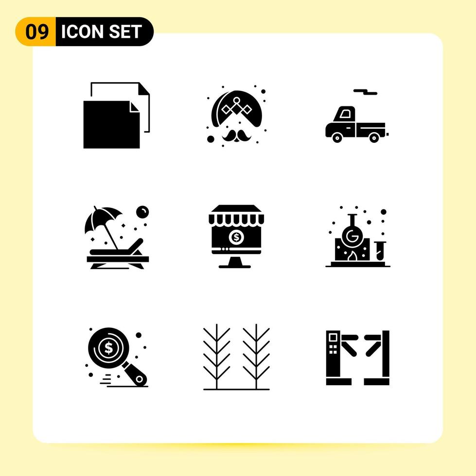 9 Solid Glyph concept for Websites Mobile and Apps online sunbathe car sun chair Editable Vector Design Elements