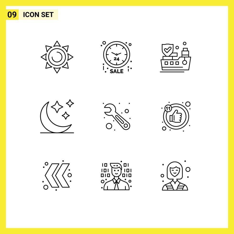 Pack of 9 Modern Outlines Signs and Symbols for Web Print Media such as likes wrench insurance tool night Editable Vector Design Elements