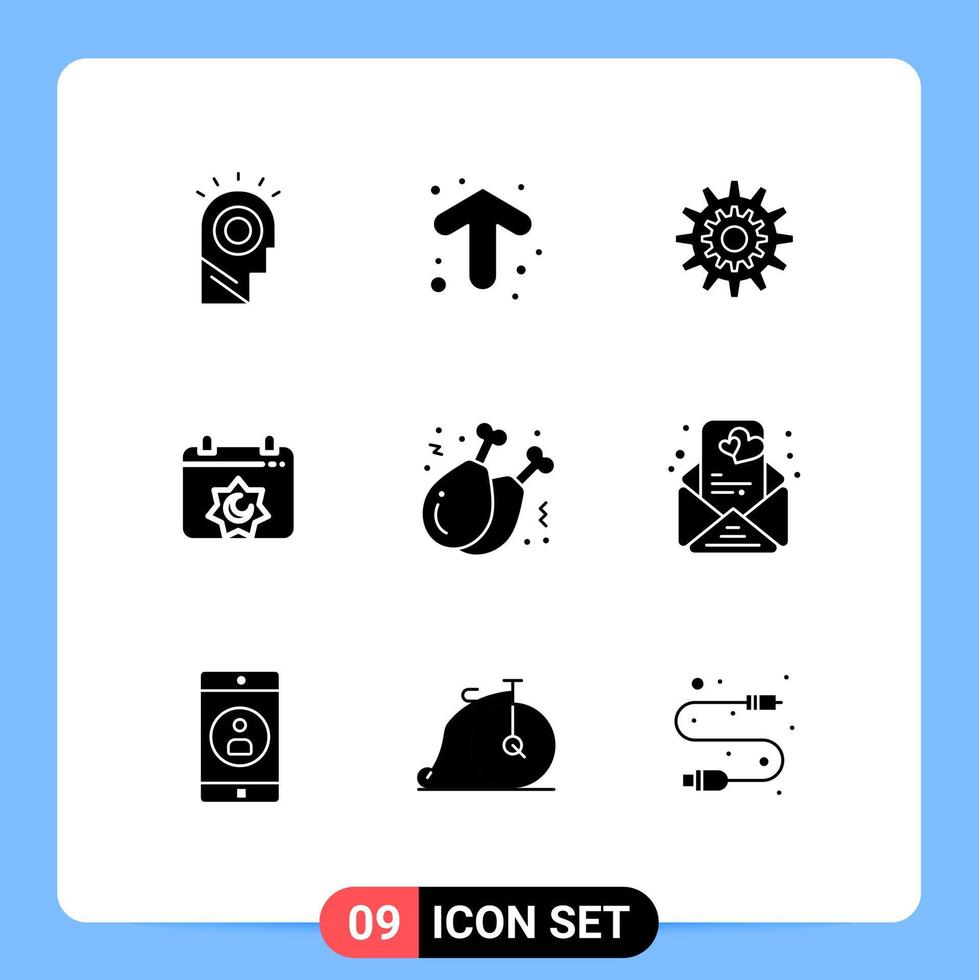Pictogram Set of 9 Simple Solid Glyphs of islamic calendar settings work system Editable Vector Design Elements