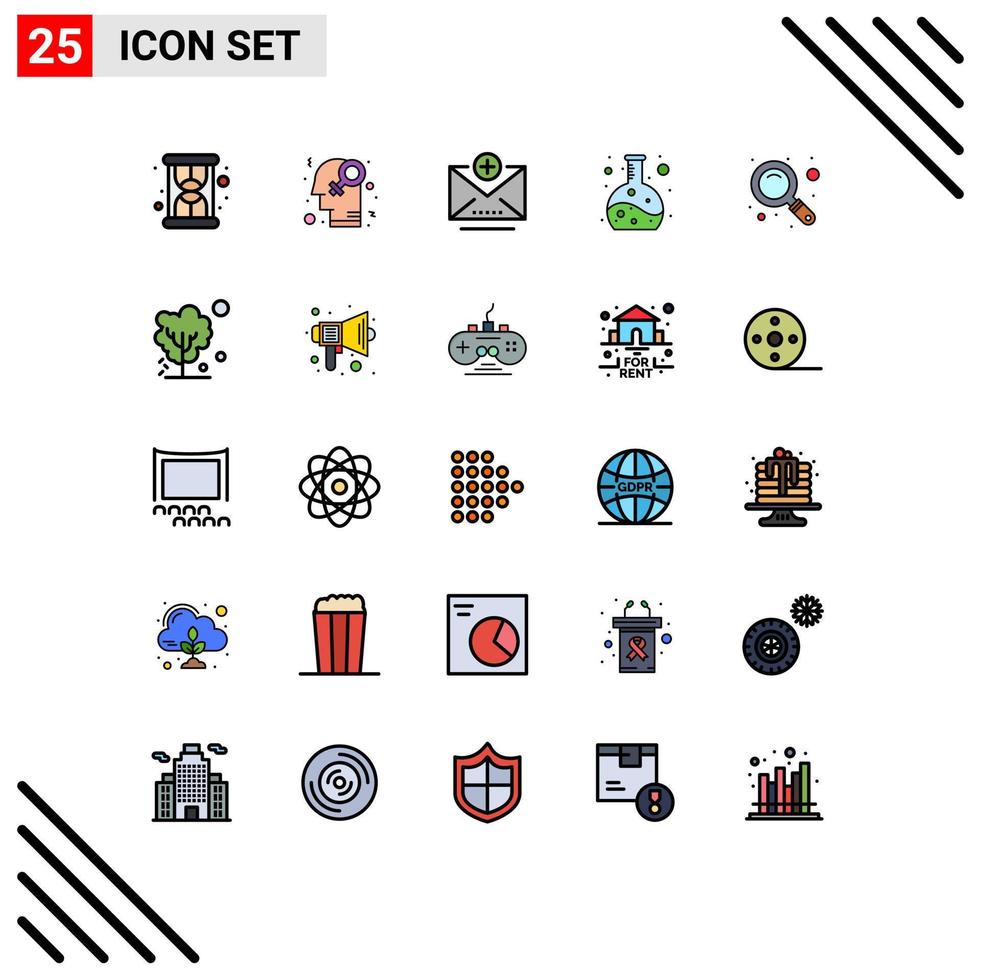 25 User Interface Filled line Flat Color Pack of modern Signs and Symbols of global zoom address search flask Editable Vector Design Elements