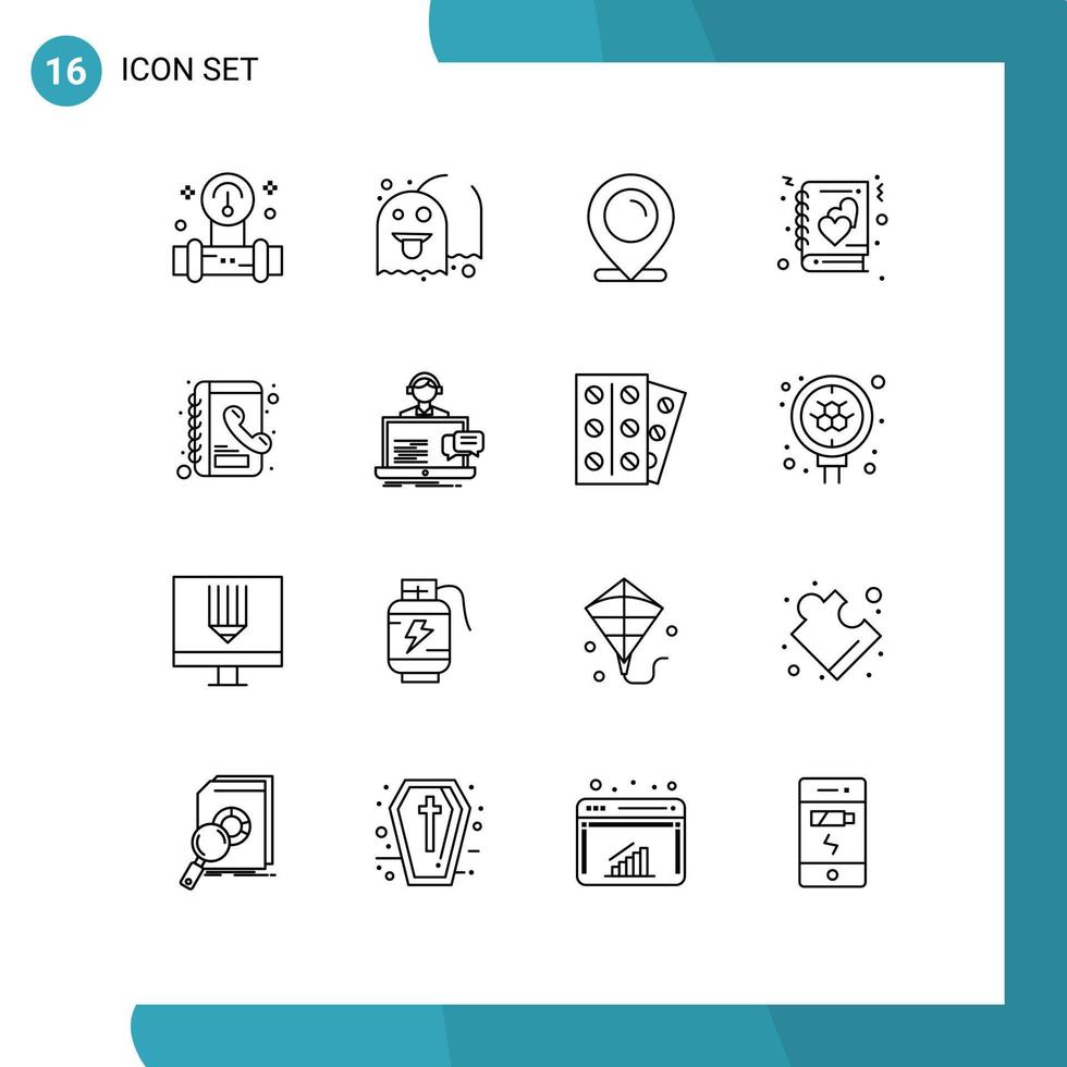 Universal Icon Symbols Group of 16 Modern Outlines of contacts story location notebook book Editable Vector Design Elements