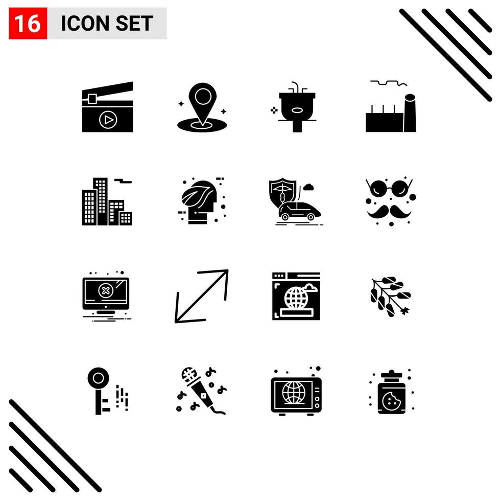 Pack of 16 creative Solid Glyphs of building steam plant cleaning industrial plant boiling plant Editable Vector Design Elements