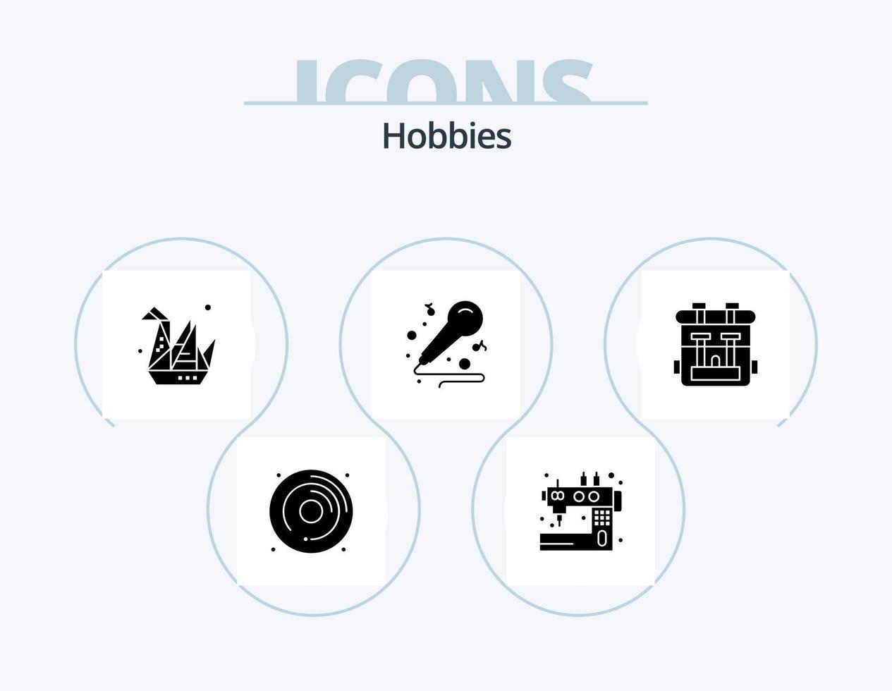 hobbies glyph icon pack 5 diseño de iconos. mochila. aficiones. sastrería. música. papel vector