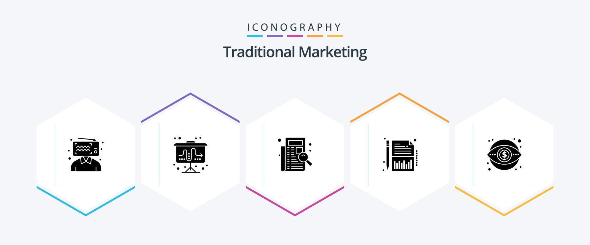 paquete de iconos de 25 glifos de marketing tradicional que incluye negocios. informe. controlar. financiero. registro vector