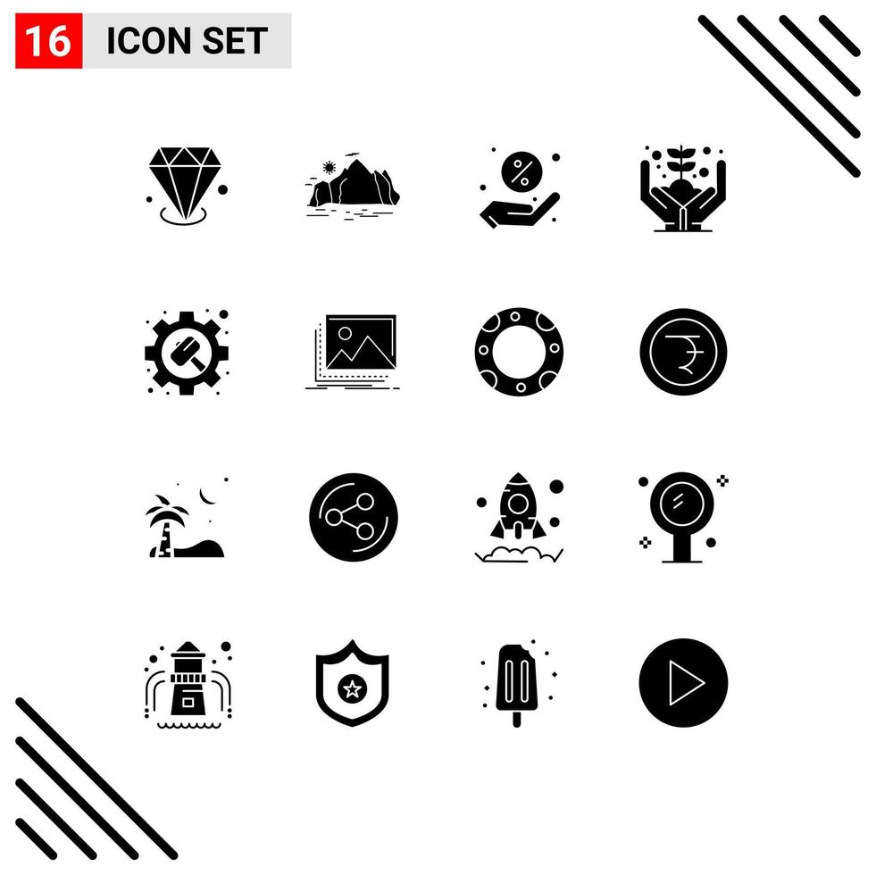 16 Universal Solid Glyphs Set for Web and Mobile Applications hammer plant scene money growth Editable Vector Design Elements