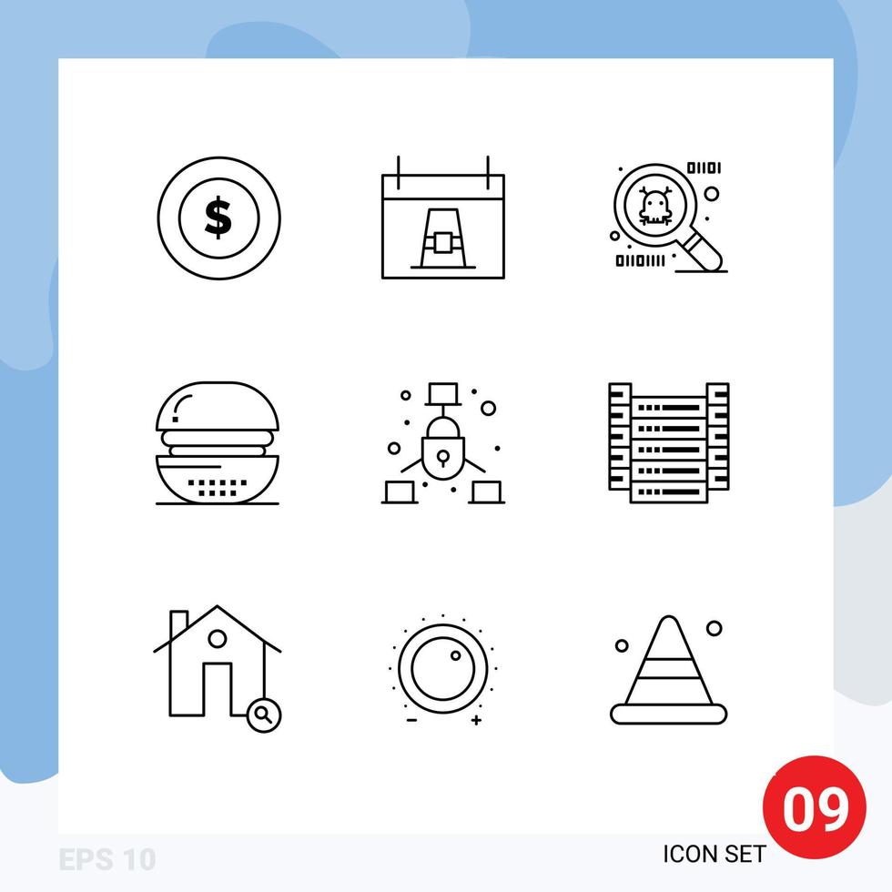 User Interface Pack of 9 Basic Outlines of security internet spy ware communication food Editable Vector Design Elements