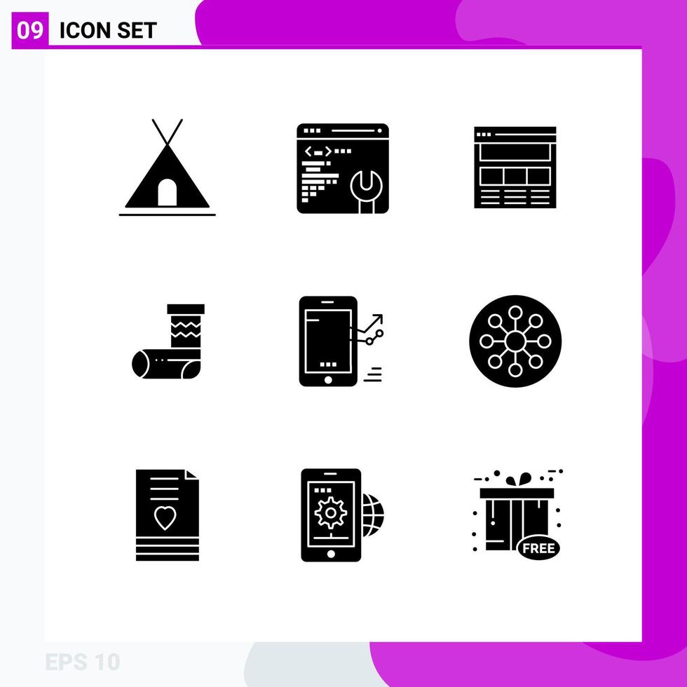9 Universal Solid Glyphs Set for Web and Mobile Applications graph gift page festivity celebration Editable Vector Design Elements
