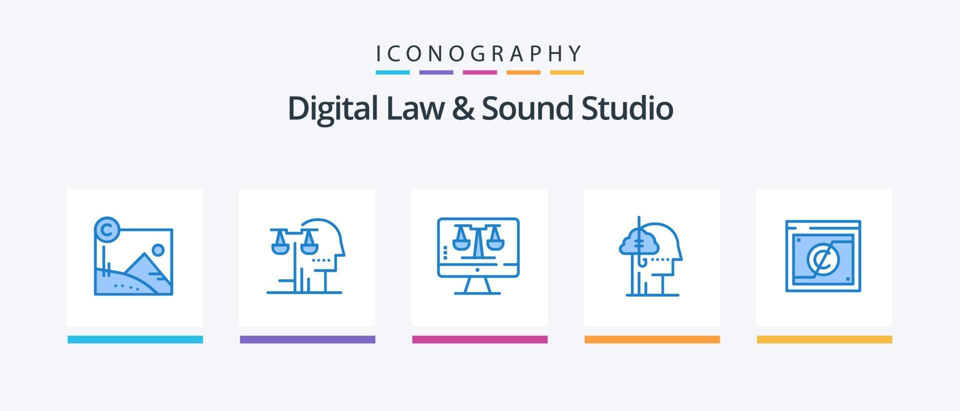 Paquete de 5 íconos azules de estudio de derecho y sonido digital que incluye humanos. captura. ley. adiccion. pantalla. diseño de iconos creativos vector