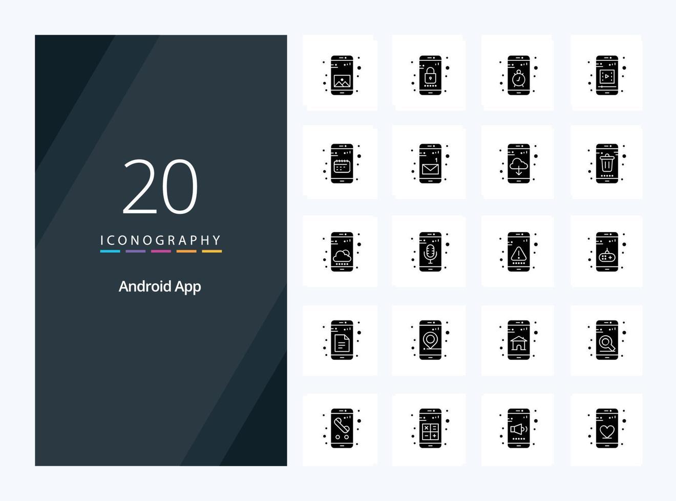 20 icono de glifo sólido de aplicación de Android para presentación vector