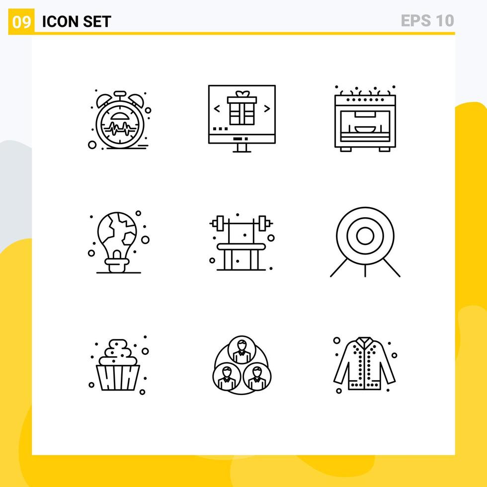 Modern Set of 9 Outlines Pictograph of bench light bulb shopping light protection Editable Vector Design Elements