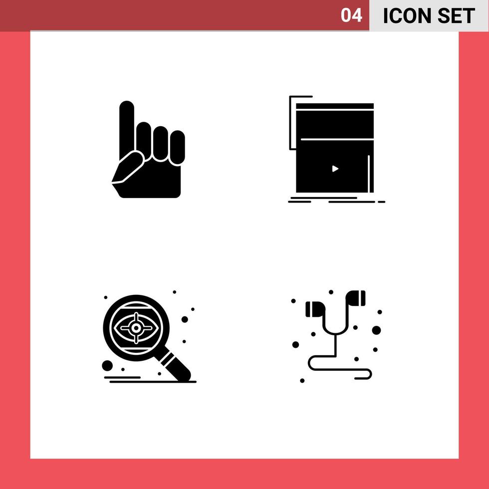 Pack of 4 Modern Solid Glyphs Signs and Symbols for Web Print Media such as foam hand search american video targeting Editable Vector Design Elements
