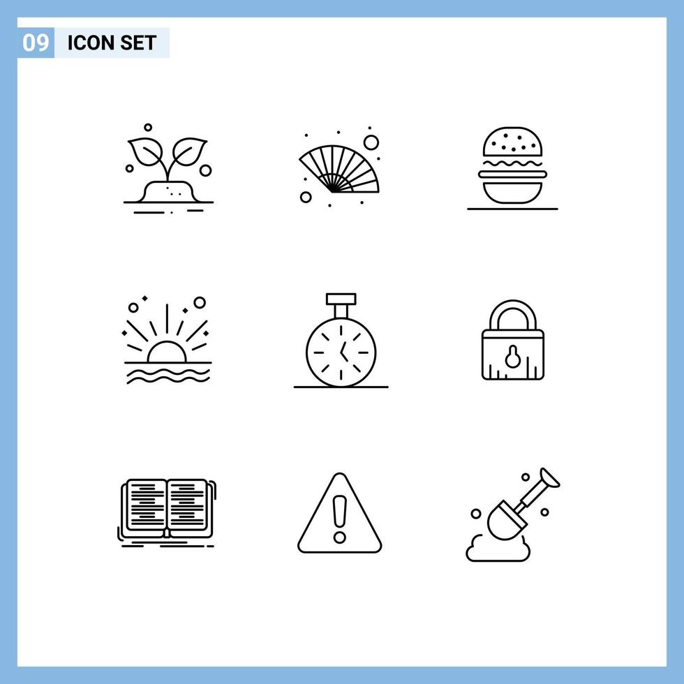 Editable Vector Line Pack of 9 Simple Outlines of time beach burger sunrise ocean Editable Vector Design Elements
