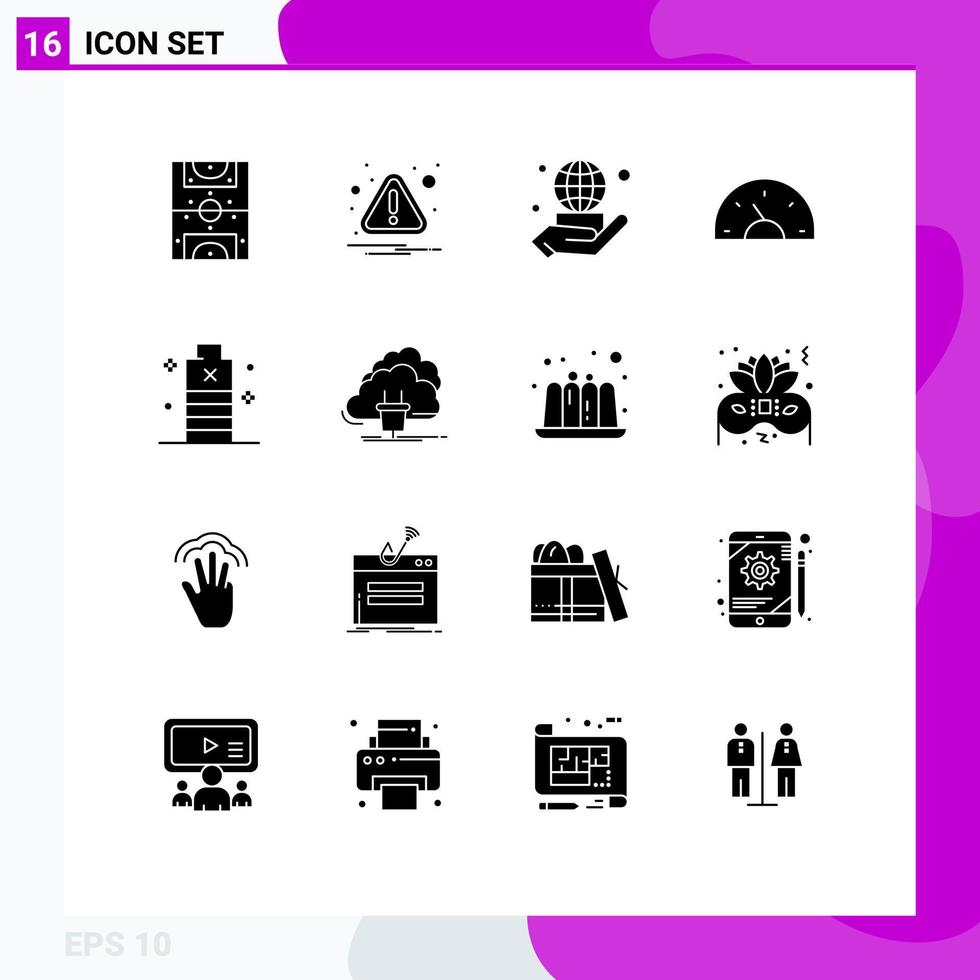 Group of 16 Modern Solid Glyphs Set for battery creative hand car arrow Editable Vector Design Elements