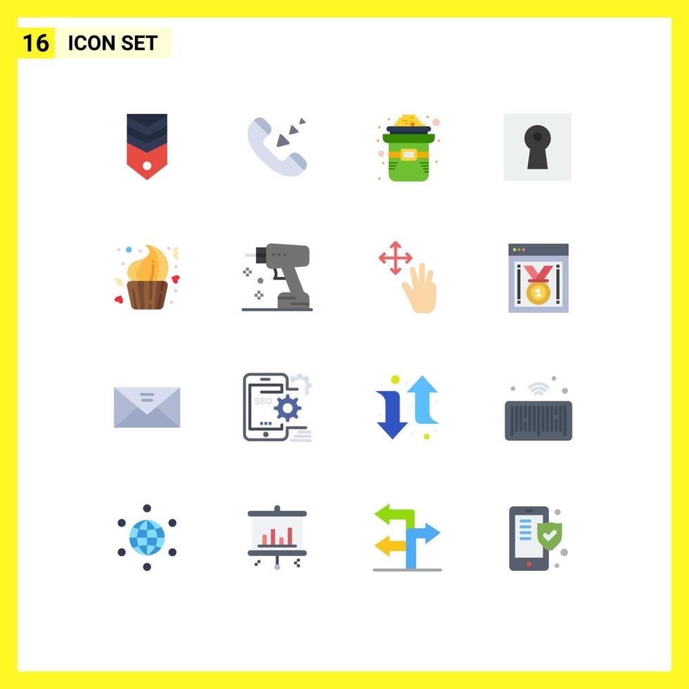 Mobile Interface Flat Color Set of 16 Pictograms of bakery safe phone lock gold Editable Pack of Creative Vector Design Elements